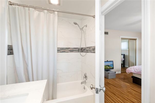 Bathroom, Interior, Marble Walls, Wood Texture Flooring