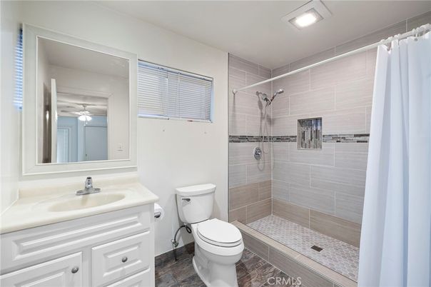 Bathroom, Glass Shower, Interior, Recessed Lighting, Wood Texture Flooring