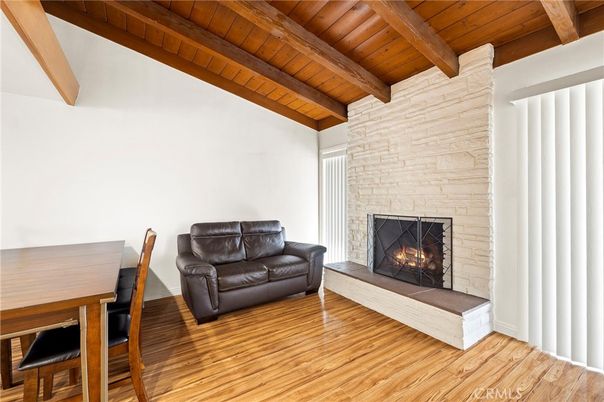 Dining room, Fireplace, Interior, Stone Walls, Wooden Beams, Wooden Ceilings, Wood Texture Flooring