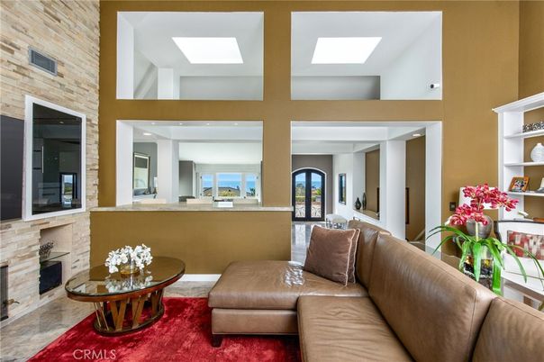 Fireplace, Interior, Living room, Recessed Lighting, Stone Walls, Water