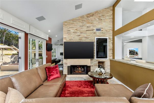 Fireplace, Interior, Living room, Recessed Lighting, Stone Walls