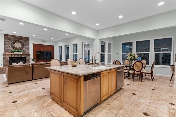 Dining room, Fireplace, Interior, Kitchen, Living room, Recessed Lighting, Stainless Steel Appliances