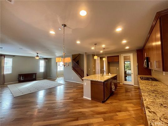 Empty room, Interior, Kitchen, Pendant Lights, Recessed Lighting, Wood Texture Flooring