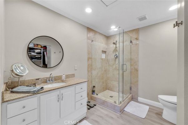 Bathroom, Glass Shower, Interior, Recessed Lighting, Wood Texture Flooring