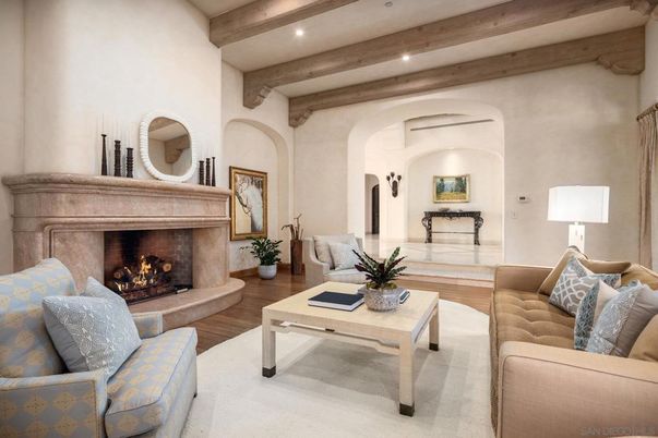 Fireplace, Interior, Living room, Recessed Lighting, Wooden Beams, Wood Texture Flooring