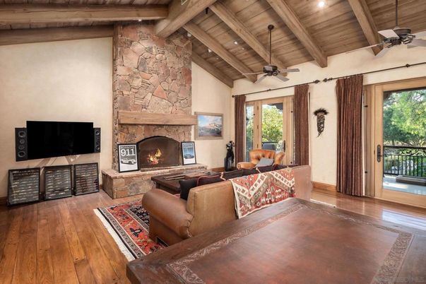 Fireplace, Interior, Living room, Recessed Lighting, Stone Walls, Wooden Beams, Wooden Ceilings, Wood Texture Flooring
