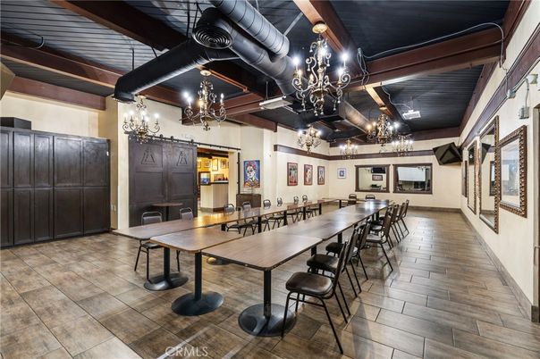 Chandelier, Dining room, Interior, Wooden Beams, Wood Texture Flooring