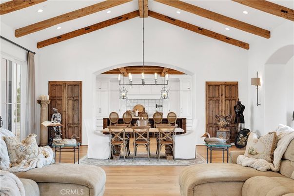 Chandelier, Dining room, Interior, Living room, Pendant Lights, Recessed Lighting, Wooden Beams, Wood Texture Flooring