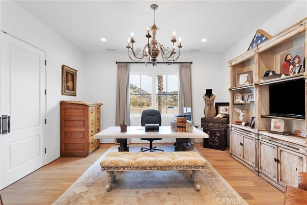 Chandelier, Home Office, Interior, Recessed Lighting, Wood Texture Flooring