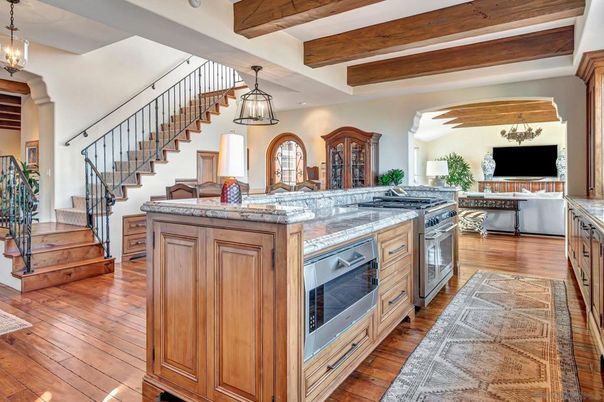 Interior, Kitchen, Pendant Lights, Recessed Lighting, Stainless Steel Appliances, Wooden Beams, Wood Texture Flooring