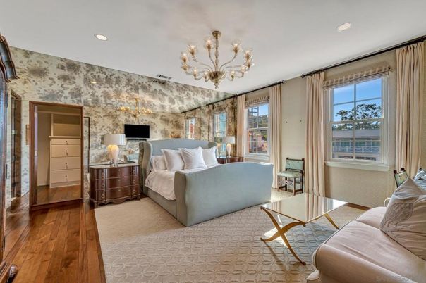 Bedroom, Chandelier, Interior, Recessed Lighting, Wood Texture Flooring