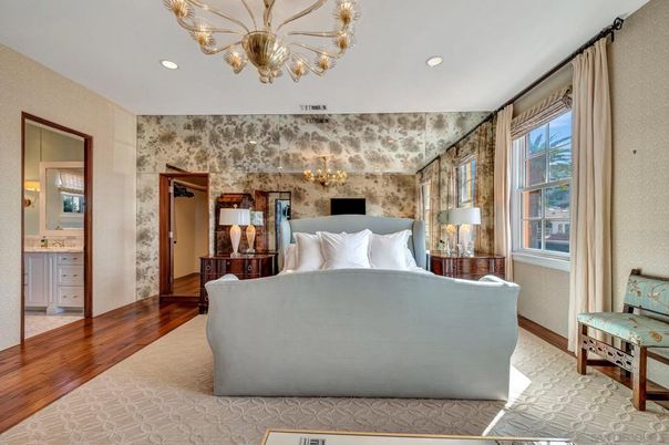 Bedroom, Chandelier, Interior, Recessed Lighting, Wood Texture Flooring