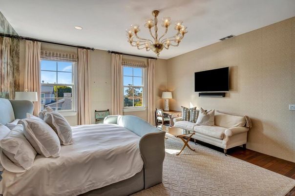Bedroom, Chandelier, Interior, Recessed Lighting, Wood Texture Flooring