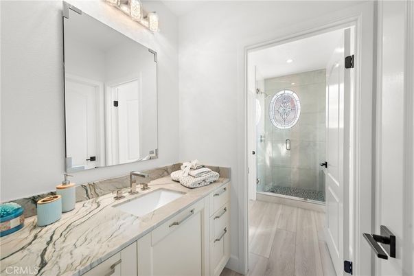 Bathroom, Glass Shower, Interior, Recessed Lighting, Wood Texture Flooring