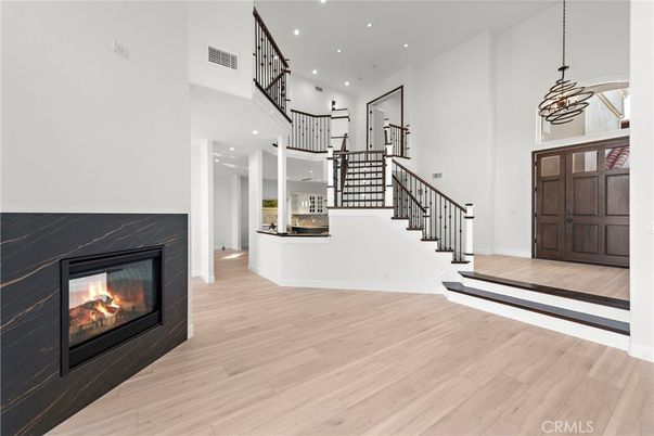 Fireplace, Interior, Pendant Lights, Recessed Lighting, Wood Texture Flooring