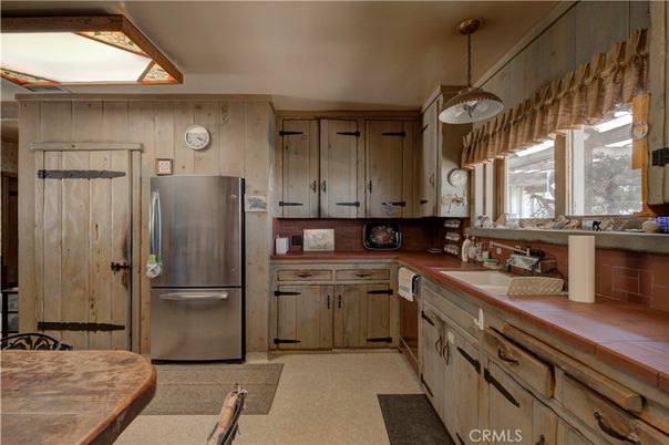 Interior, Kitchen, Pendant Lights, Tile Countertops, Wooden Walls