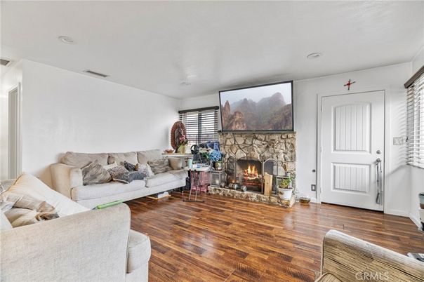 Fireplace, Interior, Living room, Recessed Lighting, Wood Texture Flooring
