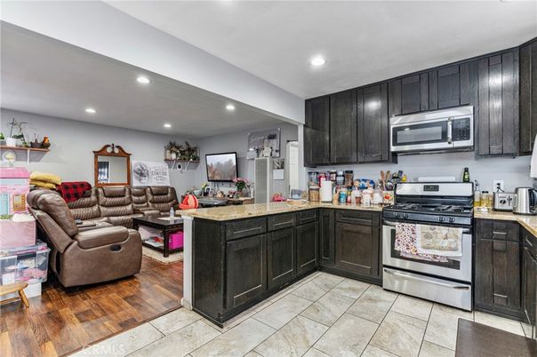 Interior, Kitchen, Living room, Recessed Lighting, Stainless Steel Appliances, Wood Texture Flooring