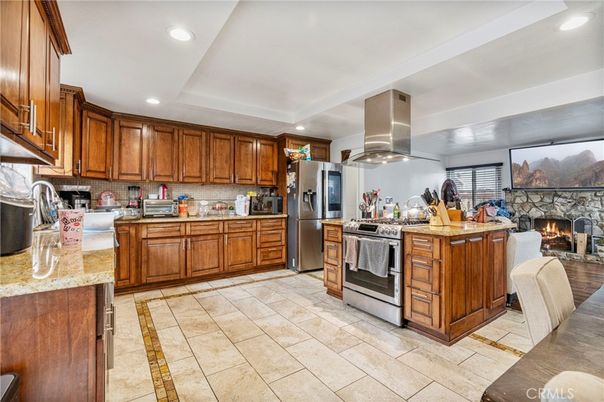 Fireplace, Interior, Kitchen, Recessed Lighting, Stainless Steel Appliances