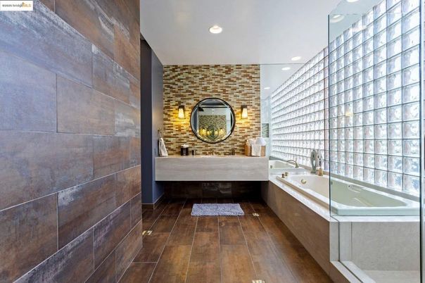 Bathroom, Interior, Recessed Lighting, Stone Walls, Wood Texture Flooring