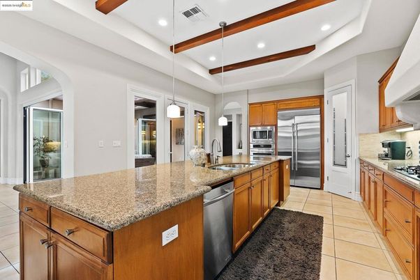 Interior, Kitchen, Pendant Lights, Recessed Lighting, Stainless Steel Appliances, Wooden Beams