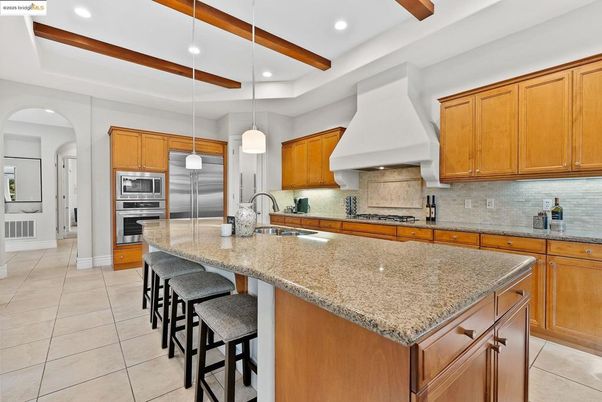 Interior, Kitchen, Pendant Lights, Recessed Lighting, Stainless Steel Appliances, Wooden Beams