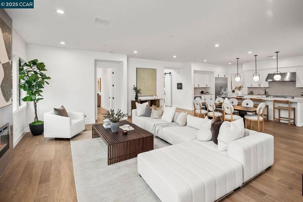 Dining room, Fireplace, Interior, Kitchen, Living room, Pendant Lights, Recessed Lighting, Wood Texture Flooring