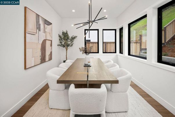 Dining room, Interior, Pendant Lights, Recessed Lighting, Wood Texture Flooring
