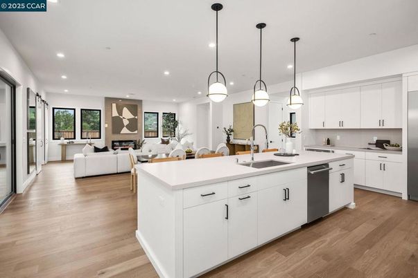 Interior, Kitchen, Living room, Pendant Lights, Recessed Lighting, Stainless Steel Appliances, Wood Texture Flooring