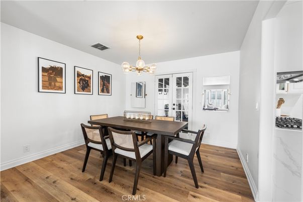 Dining room, Interior, Pendant Lights, Wood Texture Flooring