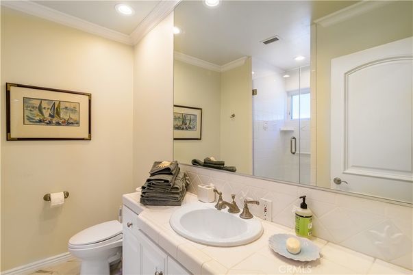 Bathroom, Glass Shower, Interior, Recessed Lighting, Tile Countertops