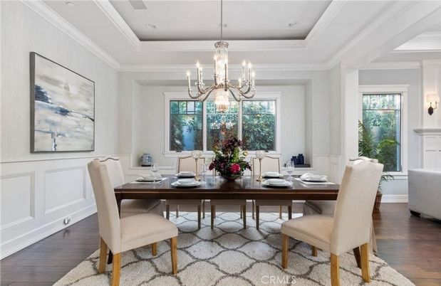Chandelier, Dining room, Interior, Wood Texture Flooring
