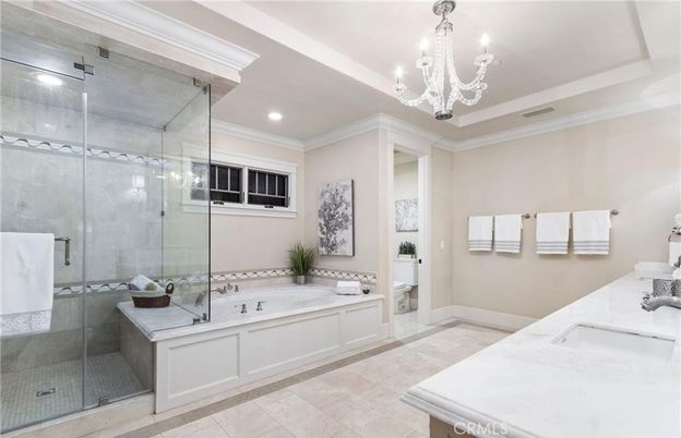 Bathroom, Chandelier, Dual Sink Vanities, Glass Shower, Interior, Recessed Lighting