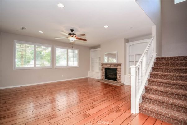 Empty room, Fireplace, Interior, Recessed Lighting, Wood Texture Flooring