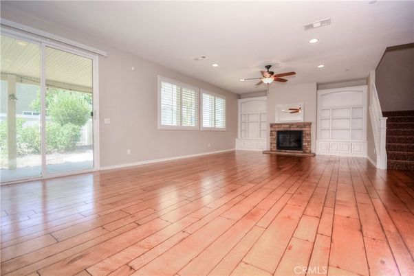 Empty room, Fireplace, Interior, Recessed Lighting, Wood Texture Flooring