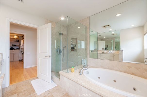 Bathroom, Glass Shower, Interior, Recessed Lighting, Wood Texture Flooring