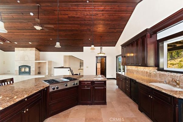 Fireplace, Interior, Kitchen, Pendant Lights, Recessed Lighting, Wooden Ceilings