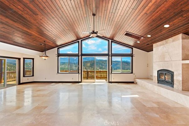 Empty room, Fireplace, Interior, Pendant Lights, Recessed Lighting, Wooden Ceilings