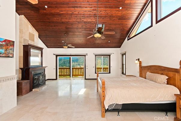 Bedroom, Fireplace, Interior, Recessed Lighting, Wooden Ceilings