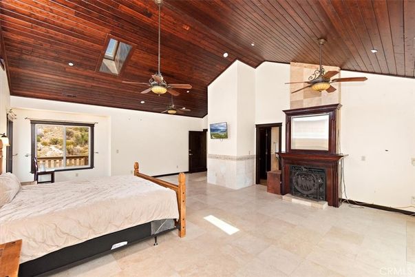 Bedroom, Fireplace, Interior, Recessed Lighting, Wooden Ceilings