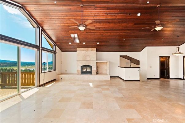 Empty room, Fireplace, Interior, Pendant Lights, Recessed Lighting, Wooden Ceilings
