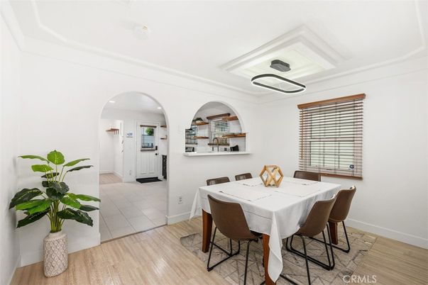 Dining room, Interior, Recessed Lighting, Wood Texture Flooring