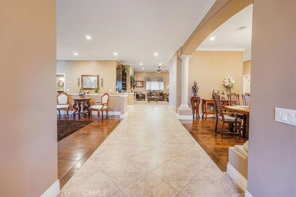 Dining room, Interior, Living room, Recessed Lighting, Wood Texture Flooring