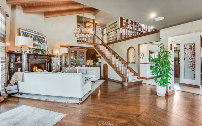 Chandelier, Fireplace, Interior, Living room, Recessed Lighting, Wooden Beams, Wood Texture Flooring
