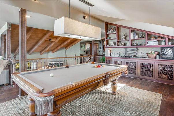 Billiard Table, Game Room, Interior, Pendant Lights, Recessed Lighting, Wood Texture Flooring