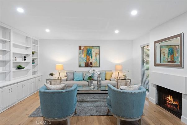 Fireplace, Interior, Living room, Recessed Lighting, Wood Texture Flooring