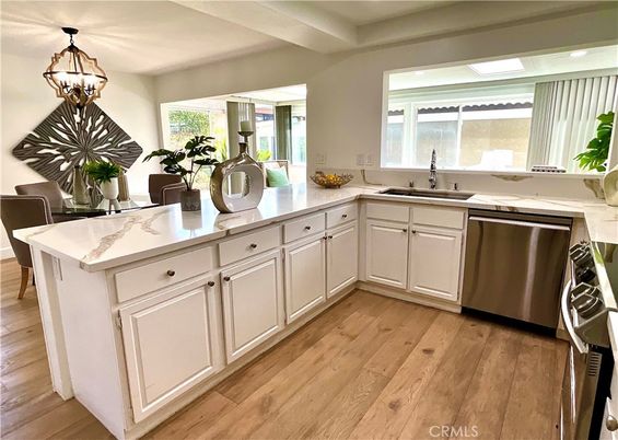 Chandelier, Interior, Kitchen, Pendant Lights, Stainless Steel Appliances, Wood Texture Flooring