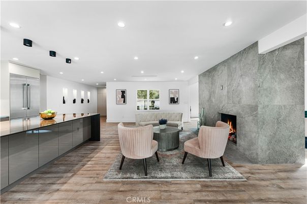 Fireplace, Interior, Kitchen, Living room, Recessed Lighting, Wood Texture Flooring