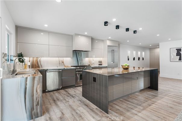 Interior, Kitchen, Recessed Lighting, Stainless Steel Appliances, Wood Texture Flooring