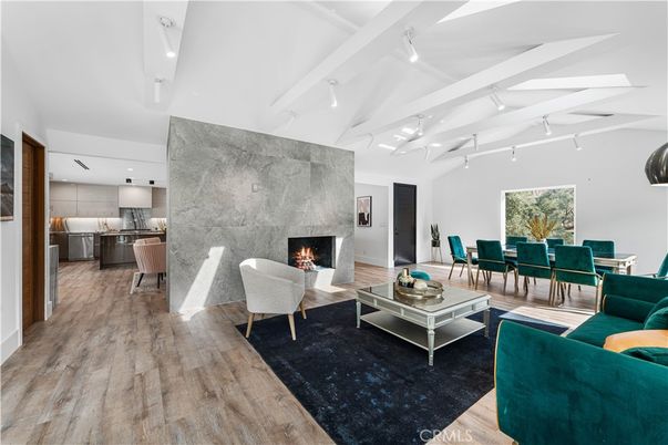 Dining room, Fireplace, Interior, Kitchen, Living room, Pendant Lights, Recessed Lighting, Wood Texture Flooring